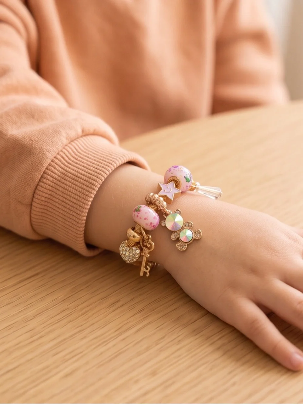 Kids & Tweens Gold Charm Bangle Bracelet - Teddy Bear, Hearts & Sparkle (6–8